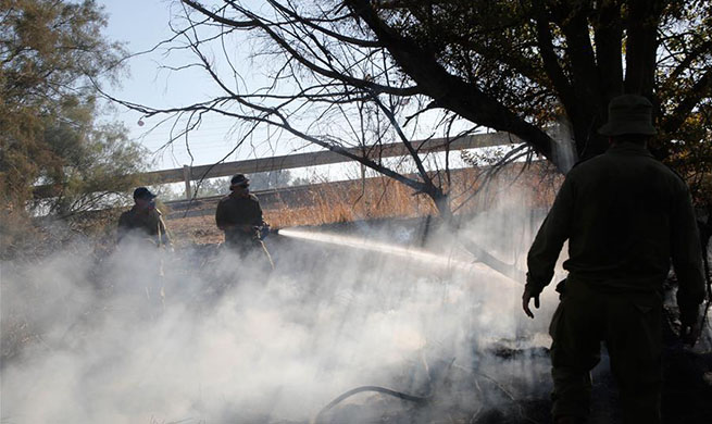 Firefighters try to extinguish fire caused by inflammable materials in Israel